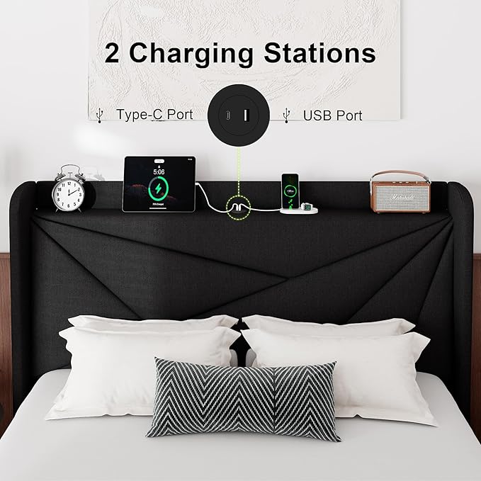 Feonase Full Size Bed Frame with Charging Station, Linen Upholstered Platform Bed Frame with Wingback Storage Headboard, Solid Wood Slats Support, No Box Spring Needed, Noise Free, Black