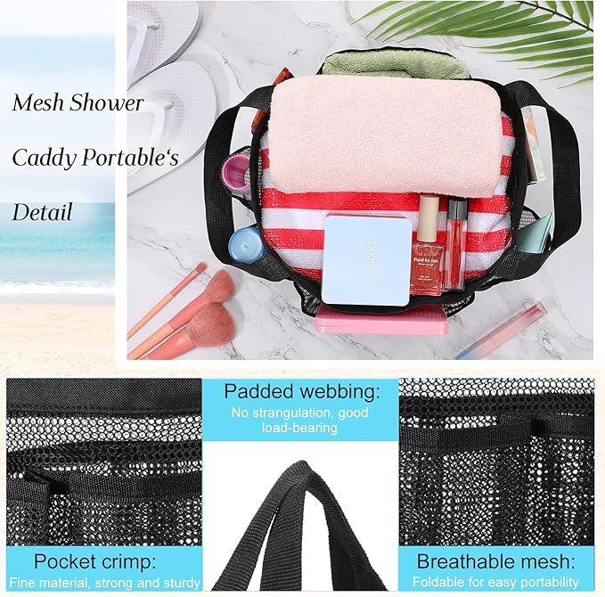 Hillban 4 Pcs Mesh Shower Caddy Portable Large Quick Dry Shower Caddy Basket with Deeper 8 Pockets and 2 Handles Hanging Bag for College Dorm Room(Black)