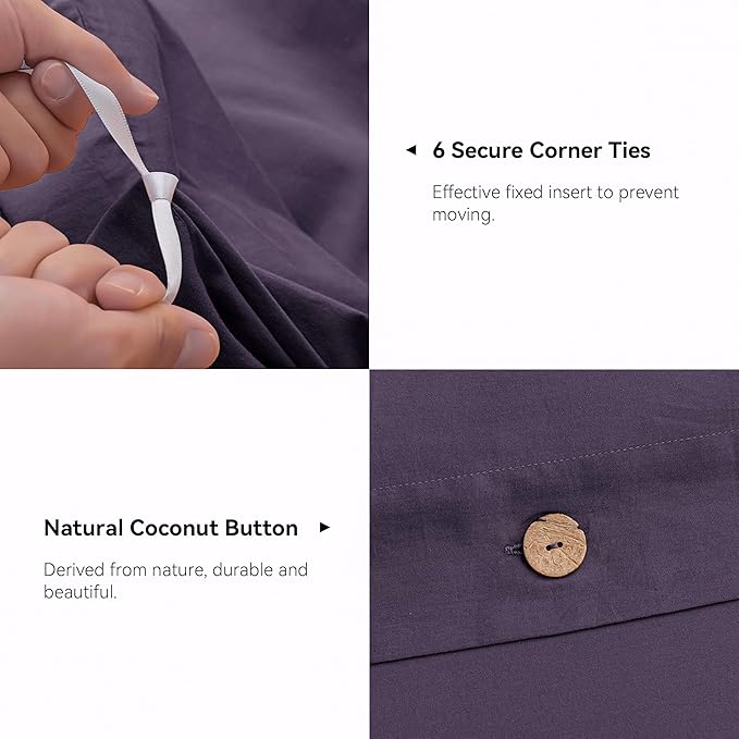 JELLYMONI Cotton Duvet Cover Queen Size - Purple Comforter Cover with Button 100% Washed Cotton 3PCS Breathable Soft Solid Bedding Set Duvet Cover 90×90in & 2 Pillowcases (NO Comforter)