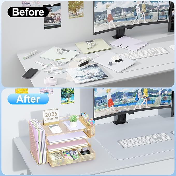 gianotter Desk Organizers and Accessories with File Holder, 4-Tier Desk Accessories & Workspace Organizers with Drawer and 2 Pen Holder, Paper Organizer for Office Supplies(Gold)