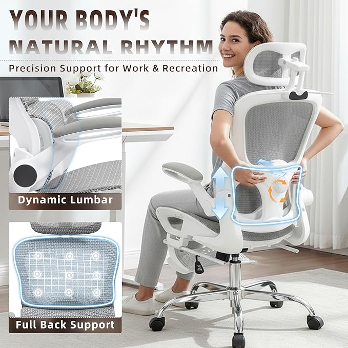 Ergonomic Office Chair, Adjustable High Back Desk Chair with Headrest Footrest 2D Lumbar Support - Executive Breathable Mesh Comfy Swivel Rolling Reclining Computer Task Chairs for Home Office Gaming
