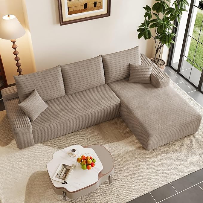 95" Modular Sectional Couch, Boneless L Shaped Cloud Sofa with Chaise Lounge, Corduroy Upholstered Couches Memory Foam Deep Seat, No Assembly Required, Ideal for Living Room(Camel, Right Facing)