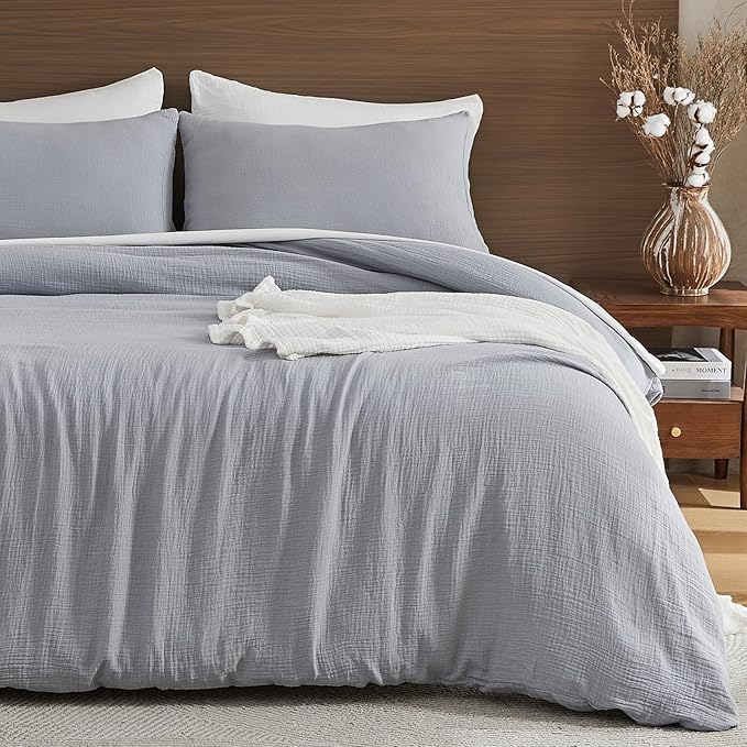 EMME Muslin Cotton Duvet Cover Set Light Grey King Size Linen Like Soft Breathable Lightweight Summer Comforter Cover Set with Zipper Closure (Light Grey, King, 104"x90")