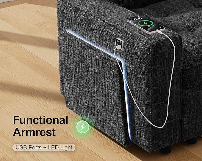 WEUP 8 Seat U Shaped Sectional Sleeper Sofa Bed with Pull Out Bed, Chenille Sectional Sleeper Couch with Adjustable Backrest, USB Ports, LED, Side Table, Tool-Free Assembly, Chenille Black