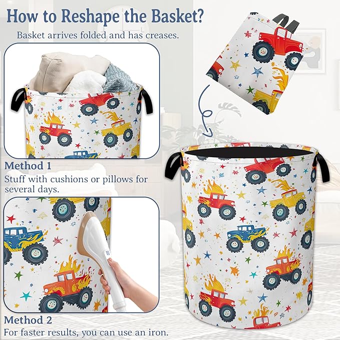 Cute Truck Laundry Basket,Foldable Oxford Cloth Laundry Hamper With Handle, 20.8"x16" Portable Clothes Storage Basket Bag for Laundry Room/Bathroom/Bedroom/Dormitories