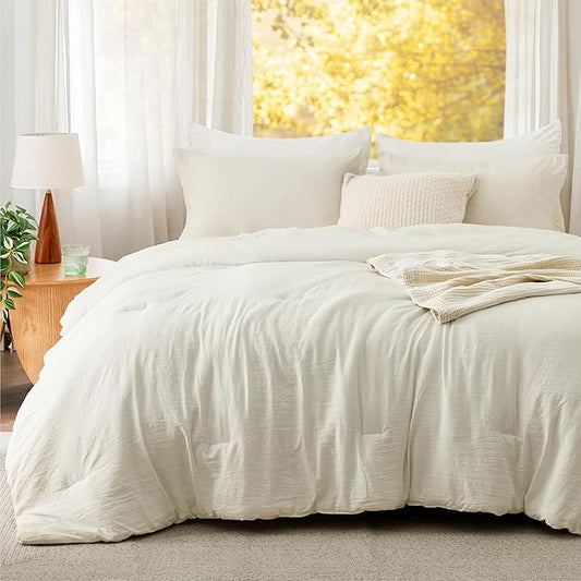Bedsure Queen Size Comforter Set, Ivory Soft Prewashed Bedding for All Seasons, 3 Pieces GentleSoft™ Warm Down Alternative Bed Set, 1 Lightweight Comforter (90"x90") and 2 Pillowcases (20"x26")