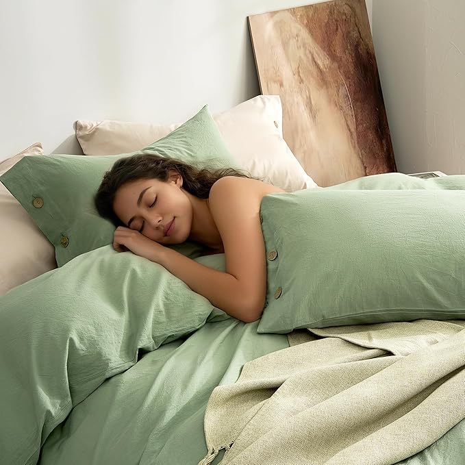 JELLYMONI 100% Washed Cotton Standard Pillowcases Set, 2 Pack Linen-Like Texture Breathable Pillow Covers with Button Closure,Mint Green Standard 20"×26"(Pillows are not Included)