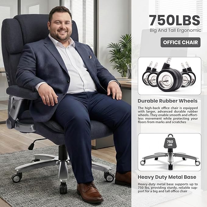 750lbs Heavy Duty Desk Chair with 3D Kneading Massage, Big and Tall Office Chairs with Ergonomic Support, 4D Armrests, 5 Quiet Dual Rubber Wheel, Thick Spring Cushion(Black-Fabric)