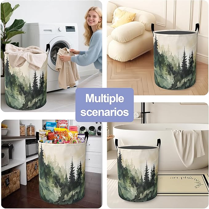 Landscape Pine Forest Laundry Hamper Large Canvas Fabric Lightweight Storage Basket/Dirty Clothes Collapsible Waterproof for College Dorms, Boys and Girls Bedroom,Bathroom