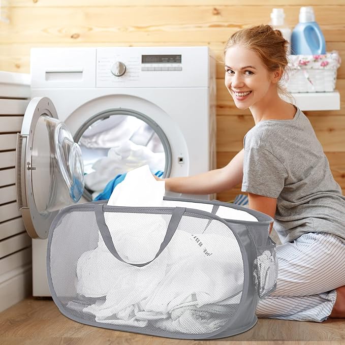 2 Pack Durable Collapsible Laundry Baskets - Reinforced Mesh Pop Up Laundry Hamper with Pocket, Foldable Dirty Clothes Hamper with Carry Handles for Laundry, Bathroom, Kids Room, Dorm or Travel Grey