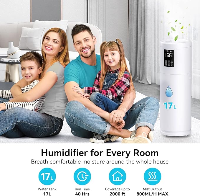 Humidifiers for Large Room Home Bedroom 2000 sq.ft. 17L/4.5Gal Large Humidifier with Extension Tube & 4 Speed Mist,Top Fill Wholehouse Humidifier with 360°Nozzle for Plant Office Commercial Greenhouse