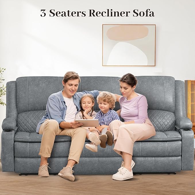3-Seater Recliner Sofa, Manual Reclining Couch with Multi-Functional Middle Seat, Reclining Sofa for Living Room with Hidden Storage Space, Cup Holders, and Removable Console