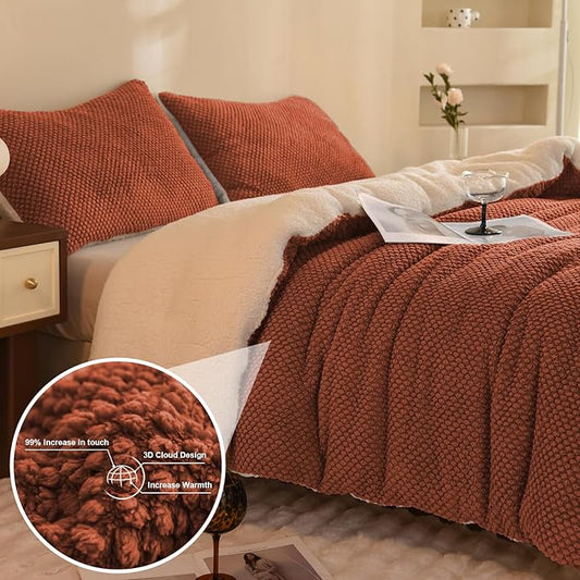 3D Jacquard Design Comforter Set, Ultra-Soft Warm Queen Size Sherpa Fur Plush 3-Pieces Sets Luxury Cozy Bedding with 2 Pillowcases (90"x90", Burnt Orange)
