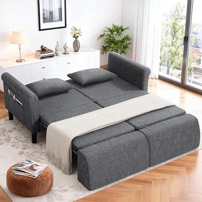 SEJOV 74" Convertible Sofa Bed, 5-in-1 Loveseat Sleeper Sofas with Pull Out Couch Bed, Storage Pockets & 2 Pillows, Modern Folding Linen Futon Couch for Living Room, Bedroom, Small Space, Dark Gray