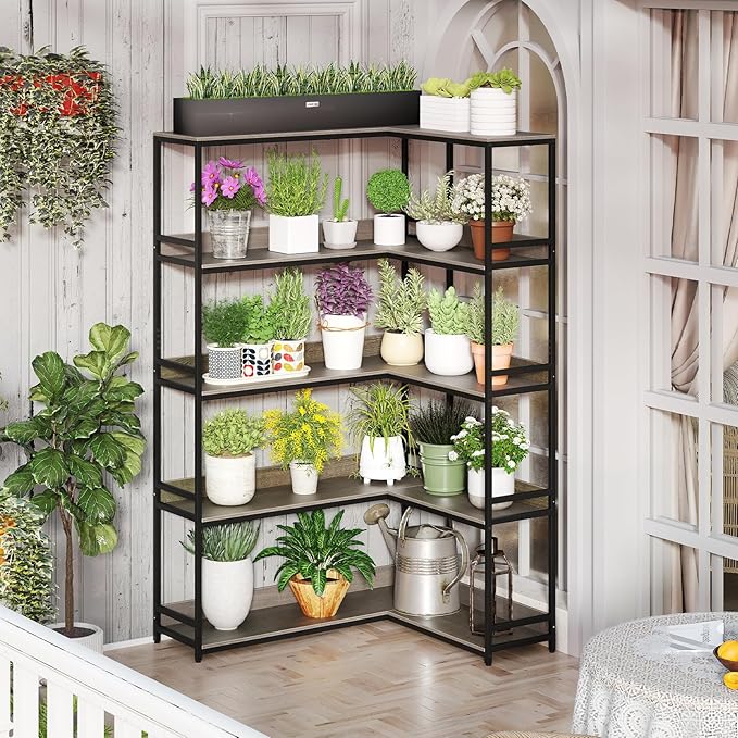 Giantex 5-Tier Corner Bookshelf, 71" L-Shaped Bookcase, Tall Etagere Bookshelf with Metal Frame, Industrial Open Display Shelf, Vertical Storage Rack for Living Room, Study, Office (Oak)