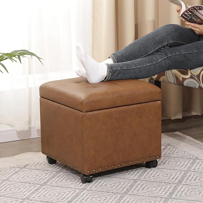 17.7" Square Faux Leather Storage Ottoman with Wheels, Rolling Storage Bench, Footstool with Wheels for Living Room, Hassocks and Ottomans, Vintage Golden Brown
