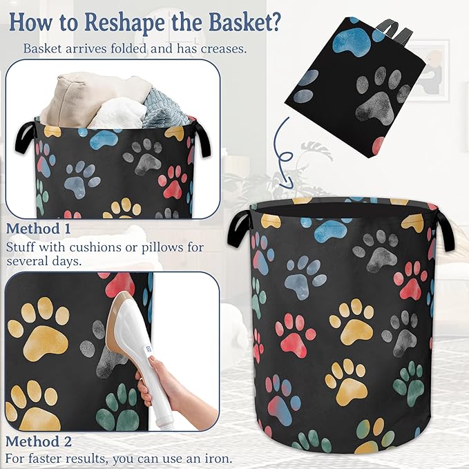 Cute Cat Dog Paw Prints Laundry Basket,Foldable Oxford Cloth Laundry Hamper With Handle, 20.8"x16" Portable Clothes Storage Basket Bag for Laundry Room/Bathroom/Bedroom/Dormitories