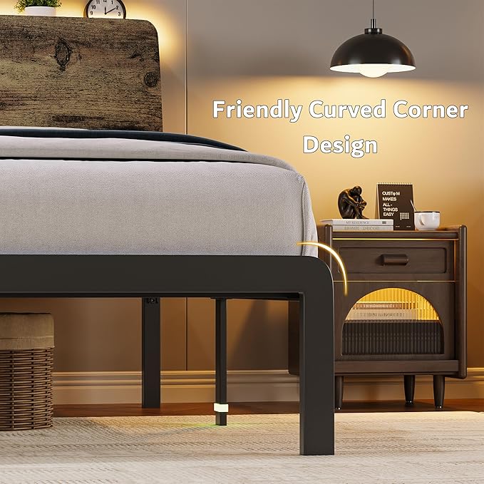 iPormis Full Size Metal Bed Frame with LED Lights & Charging Station, Platform Bed with Ergonomic Storage Headboard, Steel Slats Supports, No Box Spring Needed, Noise-Free, Easy Assembly, Rustic