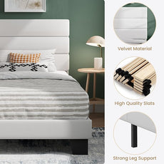 SHA CERLIN Twin Platform Bed Frame with Velvet Upholstered Headboard, Mattress Foundation with Strong Wooden Slats Support, No Box Spring Needed, White