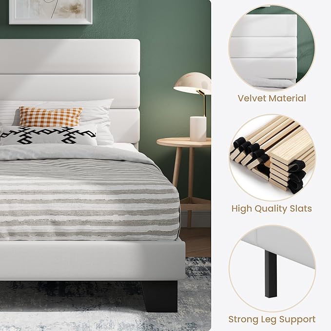 SHA CERLIN Twin Platform Bed Frame with Velvet Upholstered Headboard, Mattress Foundation with Strong Wooden Slats Support, No Box Spring Needed, White