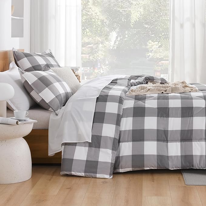 Andency Plaid Comforter Twin(66x90Inch), Gray White Checkered Gingham Buffalo Bed Set for Boys Teens, Lightweight Bedding，2 Pieces(1 Comforter & 1 Pillowcase)