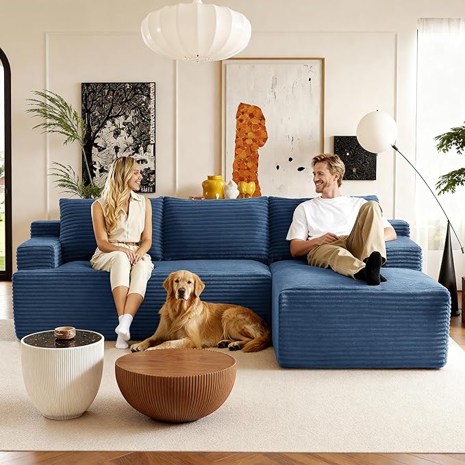 96''Sectional Couches for Living Room Modern Modular Sectional Sofa Upholstered Boneless Couch Comfy Cloud Couch with Chaise (Blue, 96''W Right Facing Chaise)