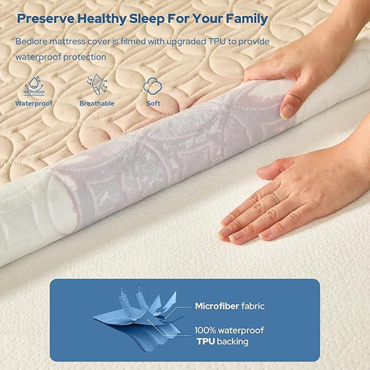BEDLORE Waterproof Mattress Protector, Twin Size Mattress Pad with Deep Pocket 6"-15" Depth, Soft Breathable Single Bed Mattress Cover for Bedroom, Dorm Room (Beige)