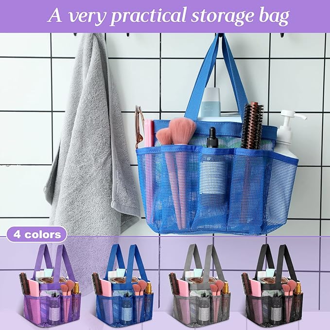 Hillban 4 Pcs Mesh Shower Caddy Portable Large Quick Dry Shower Caddy Basket with Deeper 8 Pockets and 2 Handles Hanging Bag for College Dorm Room(Blue, Purple, Black, Gray)