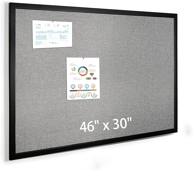 Bulletin Board 46 x 30 Inch, Cork Board for Walls, Wood Framed Bulletin Boards with Grey Canvas, Wall Mounted Corkboard for Office School Home Decorative