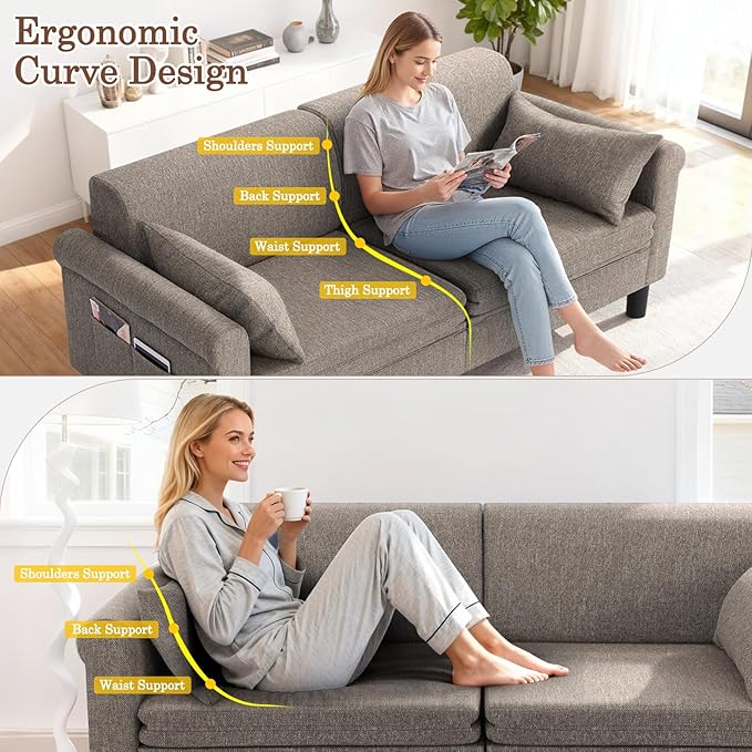 SEJOV 74" Convertible Sofa Bed, 5-in-1 Loveseat Sleeper Sofas with Pull Out Couch Bed, Storage Pockets & 2 Pillows, Modern Folding Linen Futon Couch for Living Room, Bedroom, Small Space, Brown