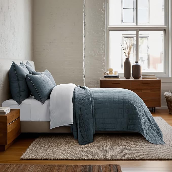 EVERGRACEHOME 100% Cotton Box Stitch Quilt Bedding Set Queen Size 3 Pieces, Garment-Washed Lightweight Soft Cozy Coverlet, Quilted Bedspread Sets with 2 Shams for All Season, Midnight Blue