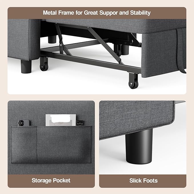 Ahomly Convertible Sofa Bed, 3-in-1 Multi-Functional Sleeper Chair Bed, Adjustable Backrest Recliner with Modern Linen Fabric for Living Room Bedroom Apartment Small Space, Dark Grey