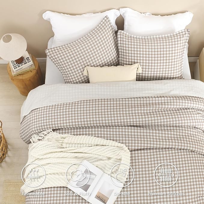 Andency Tan Gingham Comforter Set Full(79x90Inch), Brown Checkered Grid Plaid Buffalo Bed Set for Girls Boys Kids Teens, 3 Pieces Lightweight Microfiber Geometric Preppy Bedding