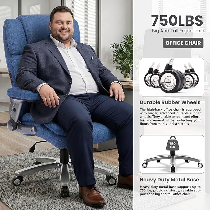 750lbs Heavy Duty Desk Chair with 3D Kneading Massage, Big and Tall Office Chairs with Ergonomic Support, 4D Armrests, 5 Quiet Dual Rubber Wheel, Thick Pocket Spring Cushion(Blue, Fabric)
