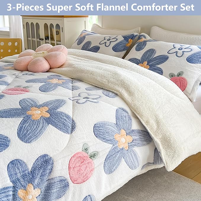 Blue Floral Fleece Comforter Set - 3 Piece King Size Comforters for Her Girls, Plush Cozy Thick Warm,Soft Microfiber Bedding Bedroom Decor for Winter All Season (1 Comforter + 2 Pillow Shams)