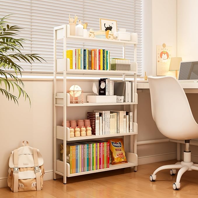 Wide Open Shelf Bookcase - Modern 5-Tier Floor Standing Display Bookshelf with Three-Side Baffles and Metal Frame for Home and Office, Storage Shelving, Warm White