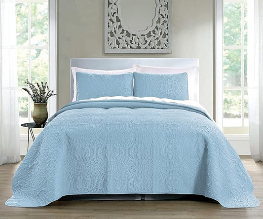 Quilt Set King/Cal King/California King Size Sky Blue - Oversized Bedspread - Soft Microfiber Lightweight Coverlet for All Season - 3 Piece Includes 1 Quilt and 2 Shams, Geometric Pattern