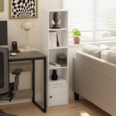 Furinno LUDER Book Shelf, 5-Tier Modern Bookshelf, Bookcase with 1 Door Storage Cabinet, 9.3 x 12 x 52, for Living Room, Bedroom, Home Office, White