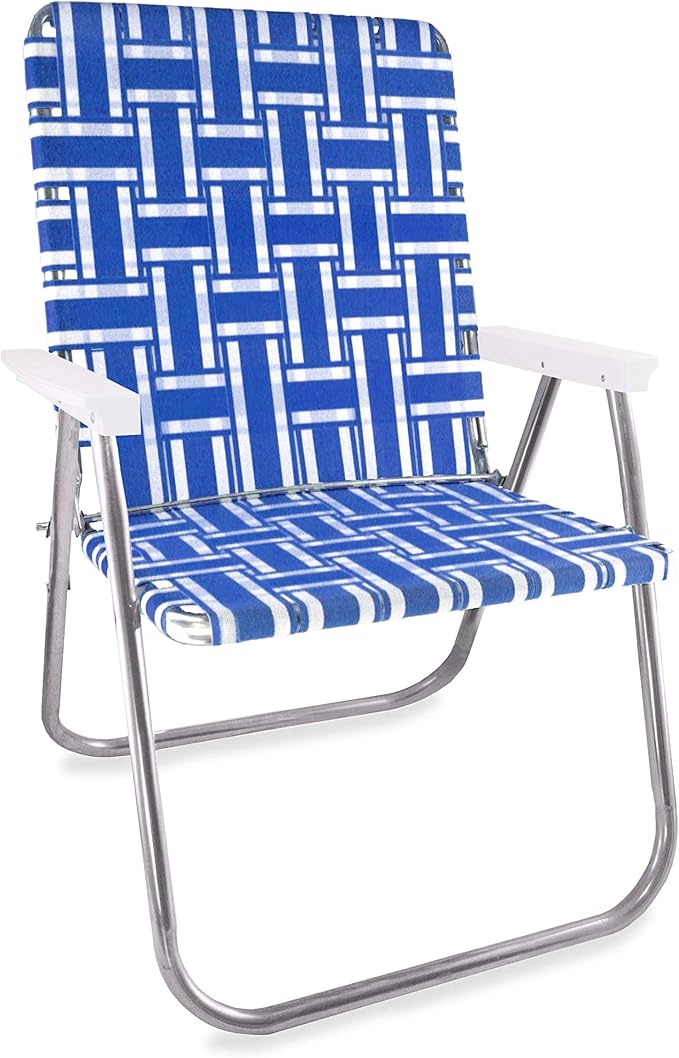 Lawn Chair USA Folding Aluminum Outdoor Patio Lawn Chair | Heavy-Duty Webbed Chairs for Camping, Sports, Beach, Yard & Tailgating | Lightweight Portable | Magnum - Blue and White with White Arms