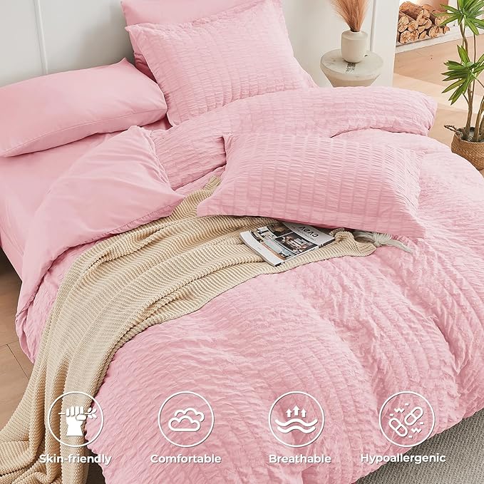 HYMOKEGE Pink Twin XL Comforter Set Seersucker 5 Pieces, All Season Luxury Bed in a Bag for Bedroom, Bedding Set with Comforter, Sheets, Pillowcase & Sham