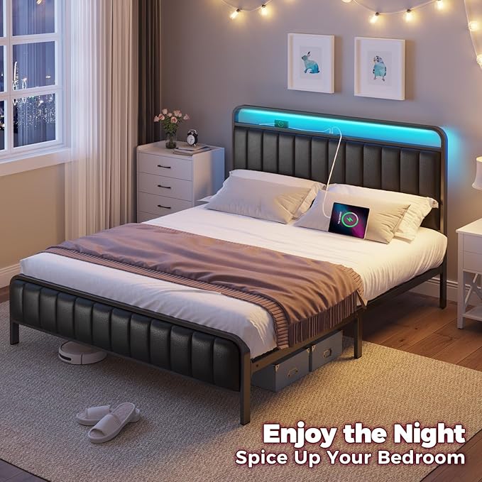 Rolanstar Queen Size Bed Frame with LED Light and Charging Station, Upholstered Headboard and Footboard, Metal Slat, Noise Free, Easy Assembly, Black