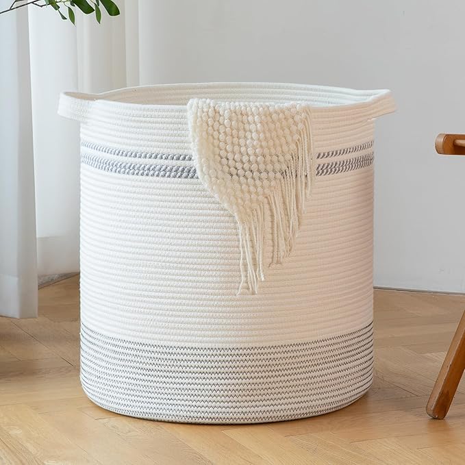 OIAHOMY 80L Laundry Basket, Laundry Hamper, Cotton Rope Storage Basket with Handles, Decorative Woven Basket for Living Room,Storage Baskets for Clothes, Blankets, and Toys -20''×18'', White&Gray