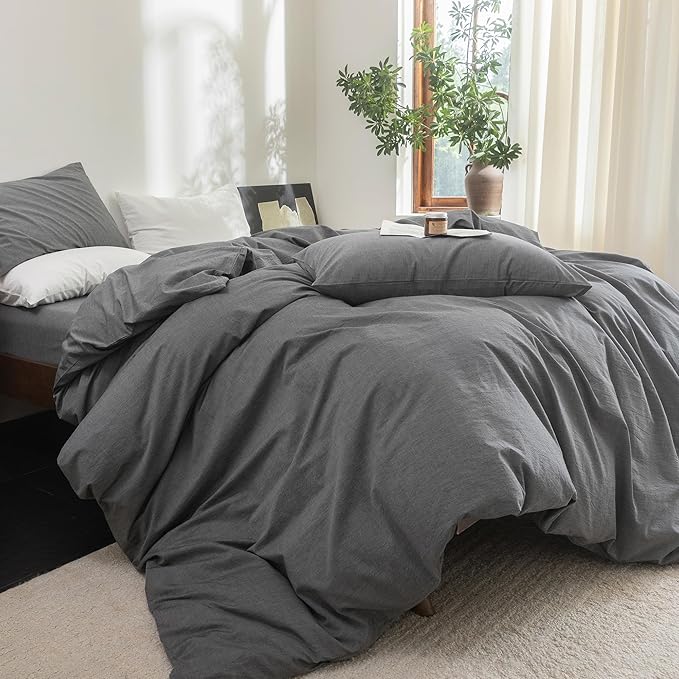 FOSSA Duvet Cover Set 100% Washed Cotton Linen Feel Super Soft Breathable Cozy 3 Pieces Bedding Sets Solid Dark Grey California King