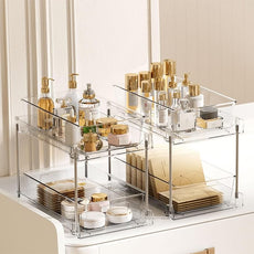 Vtopmart 8 Pack Bathroom Organizer, 2 Tier Clear Under Sink Organizers Vanity Countertop Storage Container,Cabinet Drawers Bins, Pull-Out Organization with Track for Pantry, Kitchen