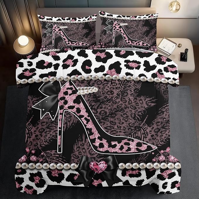Sexy High Heels Leopard Print Comforter Set Twin Girls Red Cheetah Print Bedding Set Women High Heels Leopard Comforter Animal Quilt Bedroom Decor Cheetah Bedding Bed Decor