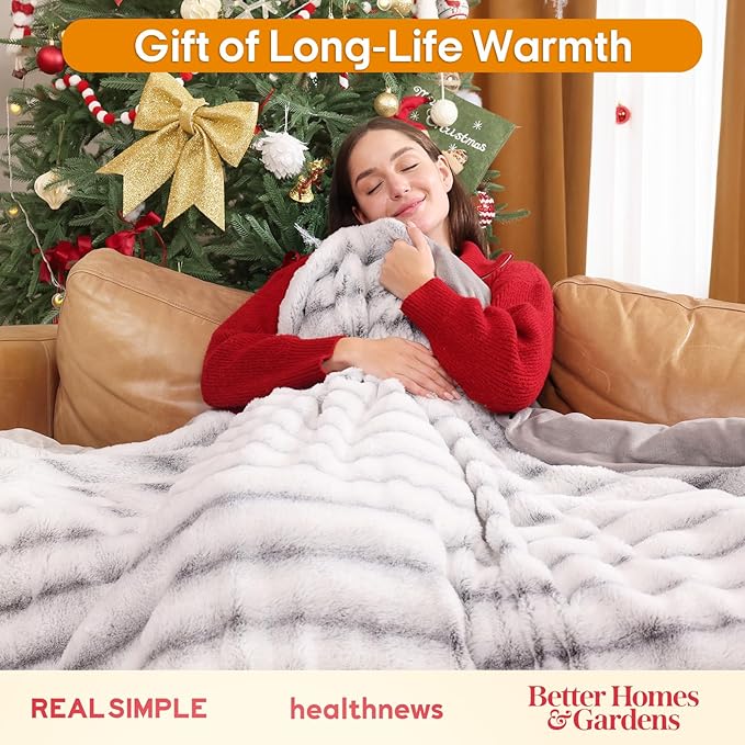 ZonLi 2-in-1 Weighted Heated Blanket for Back Pain, Heated Weighted Blankets Queen Size, 6 Heating Levels 1-10H Auto Off, Soft Ribbed Rabbit Fur Washable, Chirstmas Blanket for Family