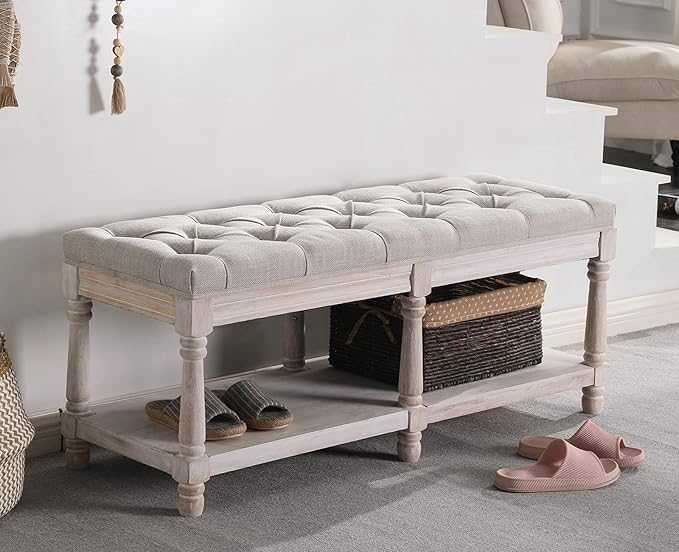chairus Shoe Rack Bench Storage Vintage Bedroom Padded Bench Seat End of Bed, Fabric Tufted Farmhouse French Entryway Bench with Wood Legs for Hallway Foyer, Beige