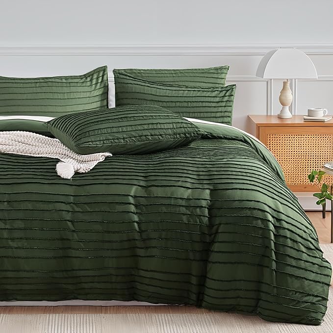 NEXHOME PRO Duvet Cover Queen Size, Blue 3 Pieces Boho Tufted Duvet Cover Set, Soft and Lightweight Microfiber Comforter Cover Set for All Season (Forest Green,90 x 90)-No Comforter