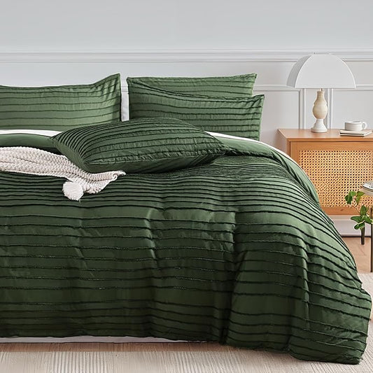 NEXHOME PRO Duvet Cover Queen Size, Blue 3 Pieces Boho Tufted Duvet Cover Set, Soft and Lightweight Microfiber Comforter Cover Set for All Season (Forest Green,90 x 90)-No Comforter