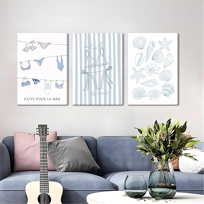 Trendy Coastal Canvas Wall Art Set of 3, Blue Bikini Granddaughter Room Wall Decor Paintings, Preppy Coastal Shell Girls Dorm Posters Prints Pictures for Living Room Bedroom 16x24 Inch Framed